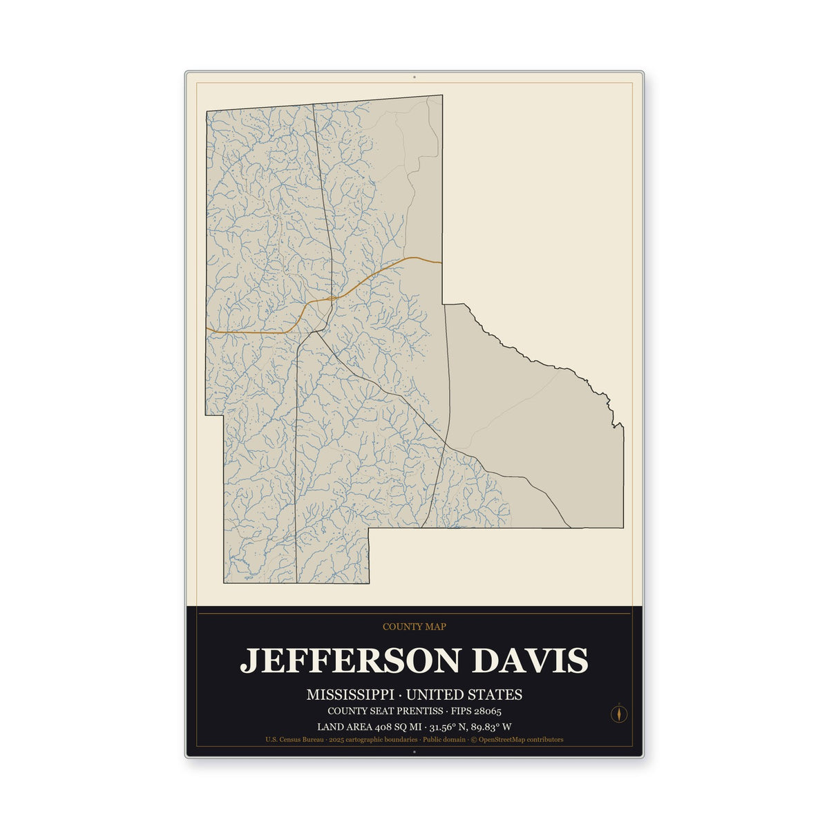 Jefferson Davis County, Mississippi Map Aluminum Sign in Museum Plaque style