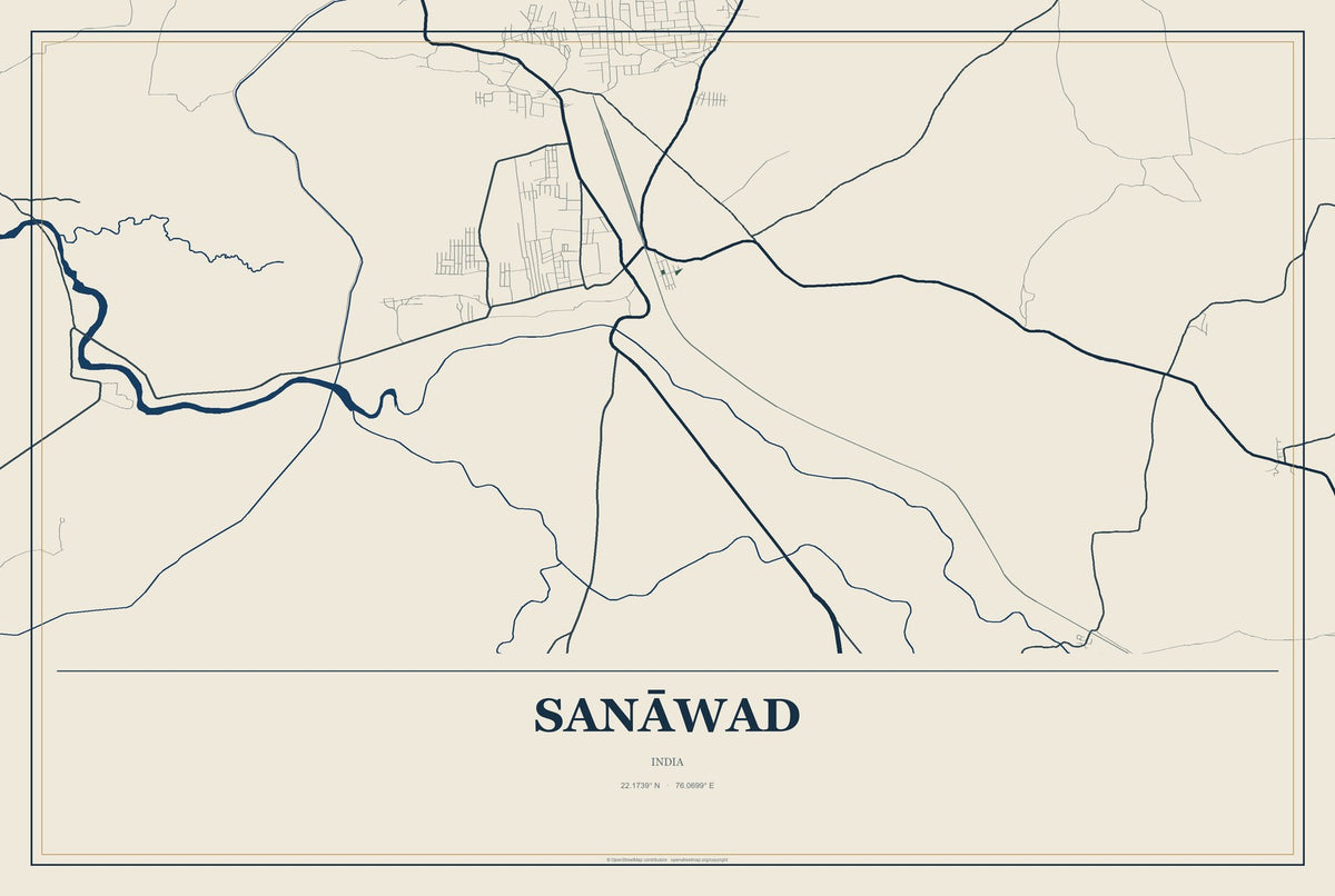 Sanāwad, India City Map Aluminum Sign in Coastal Cutout style