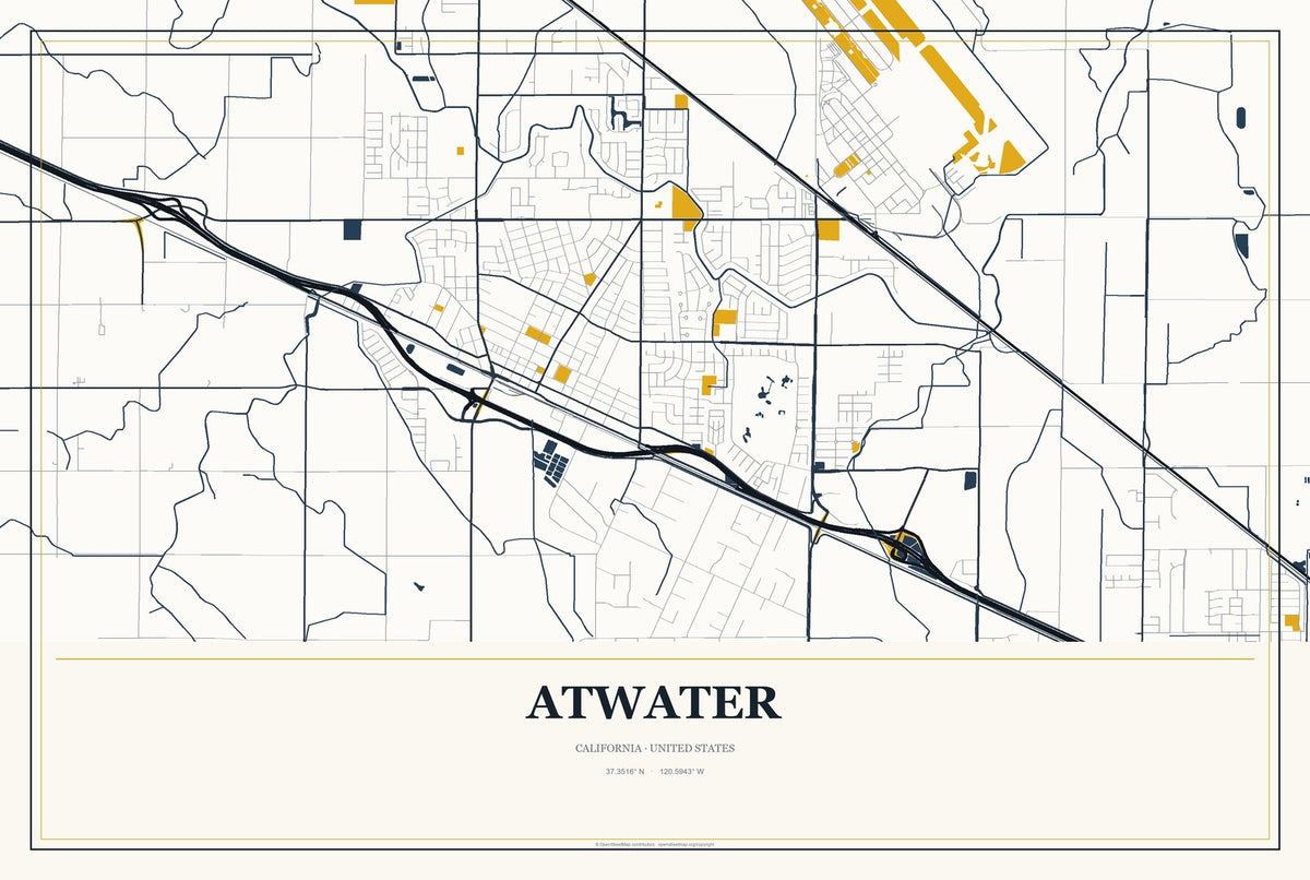 Atwater, California City Map Aluminum Sign in Citrine Modern style