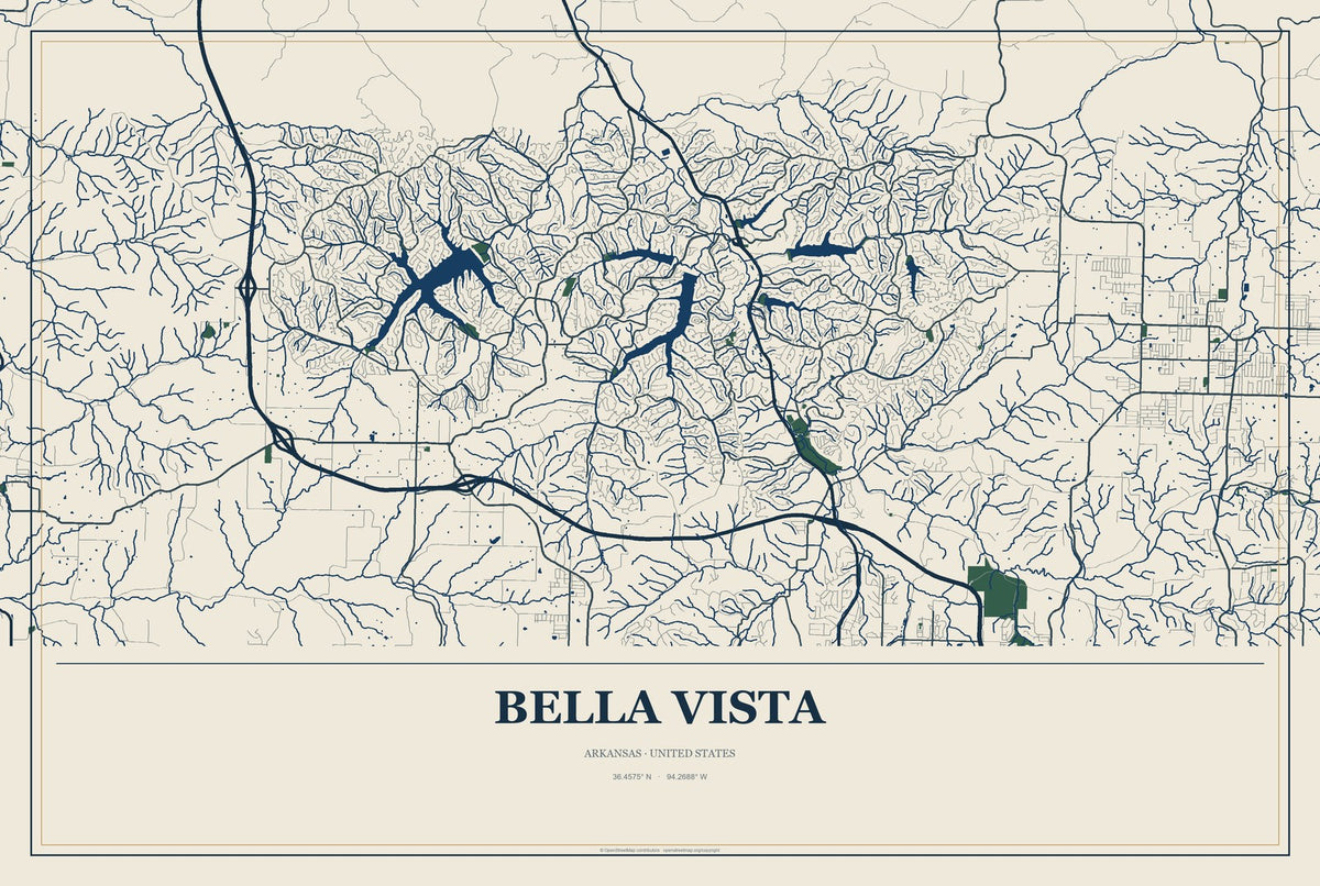 Bella Vista, Arkansas City Map Aluminum Sign in Coastal Cutout style