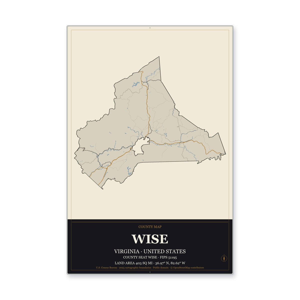 Wise County, Virginia Map Aluminum Sign in Museum Plaque style