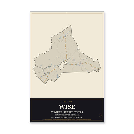 Wise County, Virginia Map Aluminum Sign in Museum Plaque style