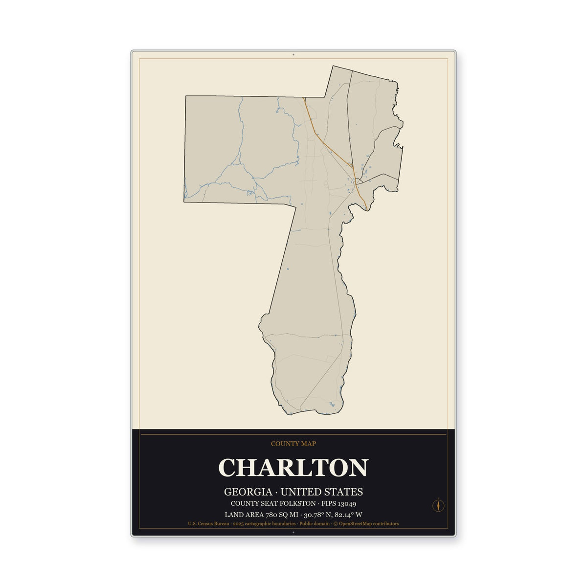 Charlton County, Georgia Map Aluminum Sign in Museum Plaque style