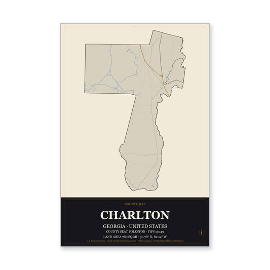 Charlton County, Georgia Map Aluminum Sign in Museum Plaque style