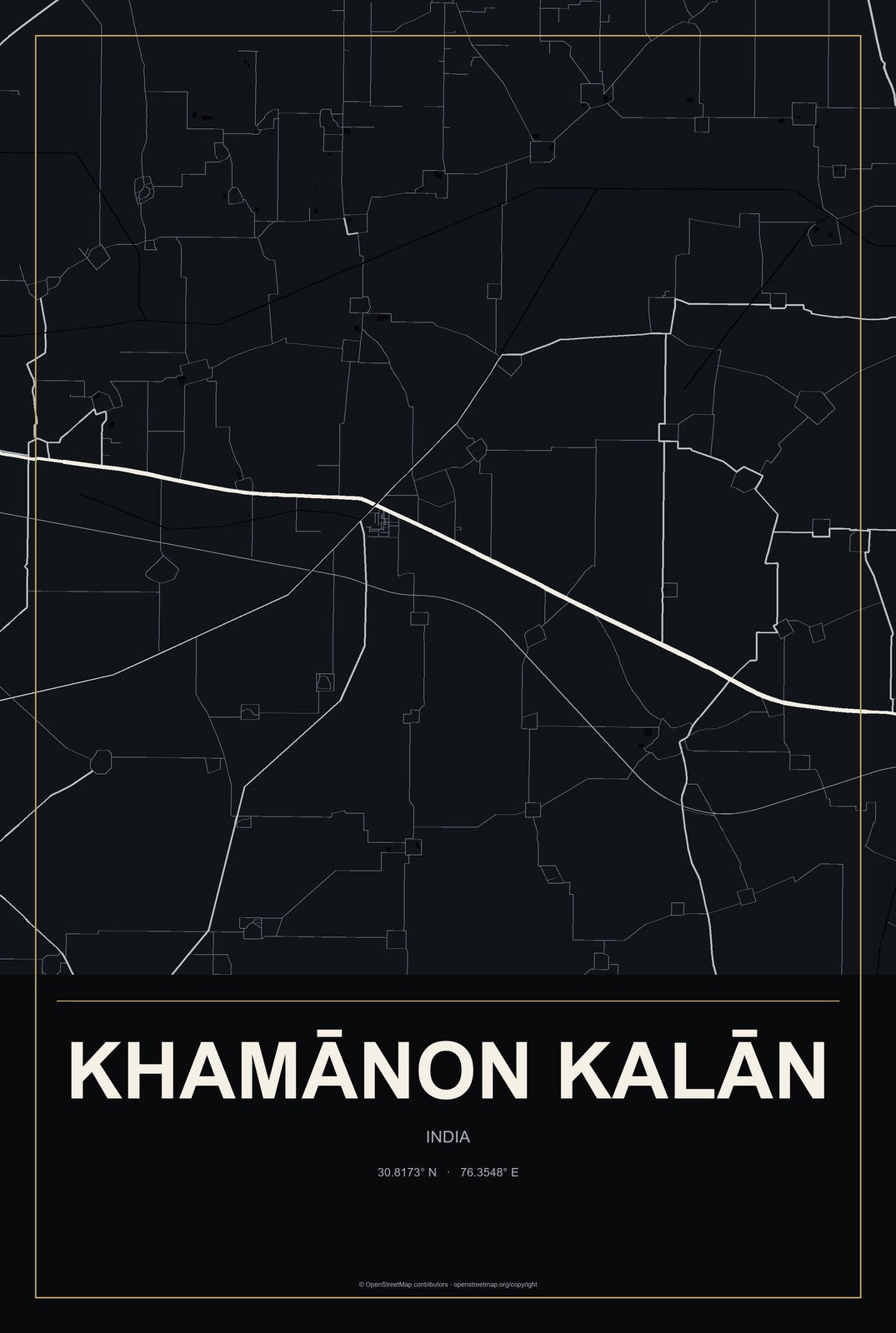 Khamānon Kalān, India City Map Aluminum Sign in Metropolitan Noir style
