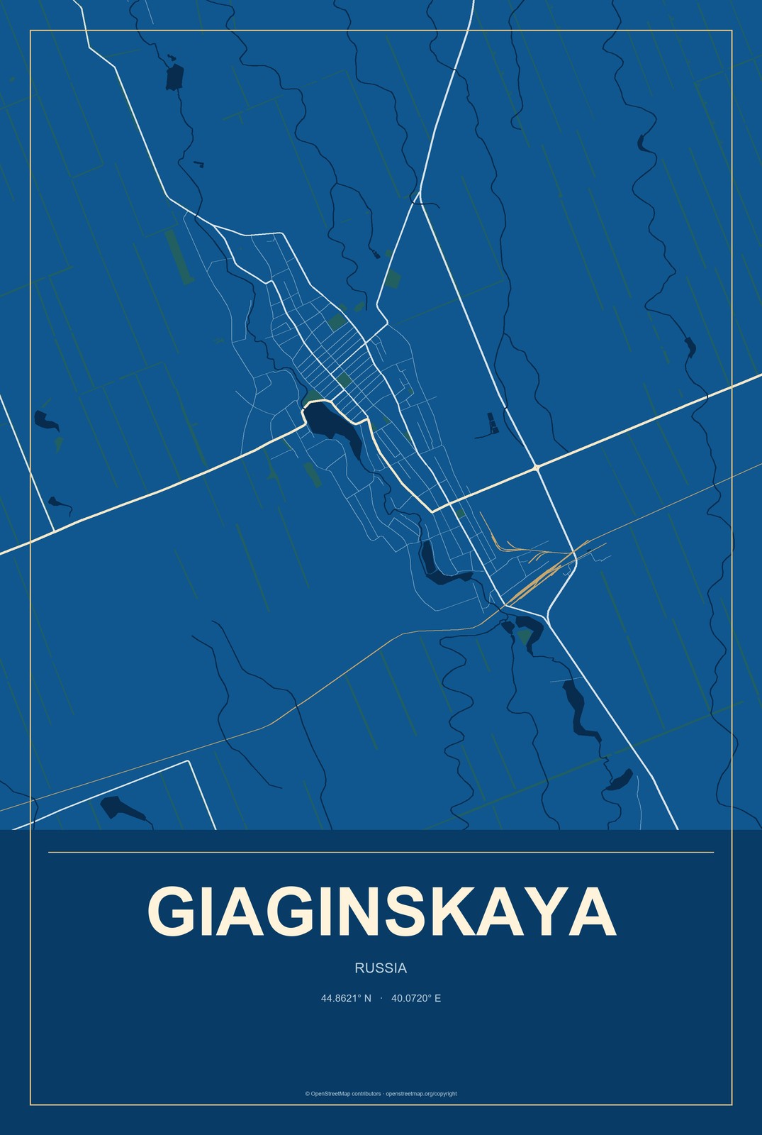 Giaginskaya, Russia City Map Aluminum Sign in Harbor Cobalt style