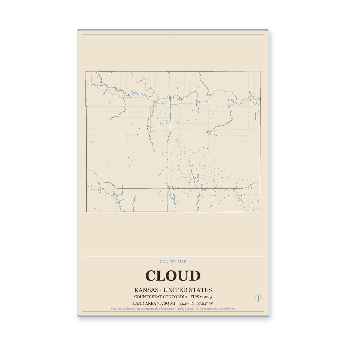 Cloud County, Kansas Map Aluminum Sign in Heritage Nautical style