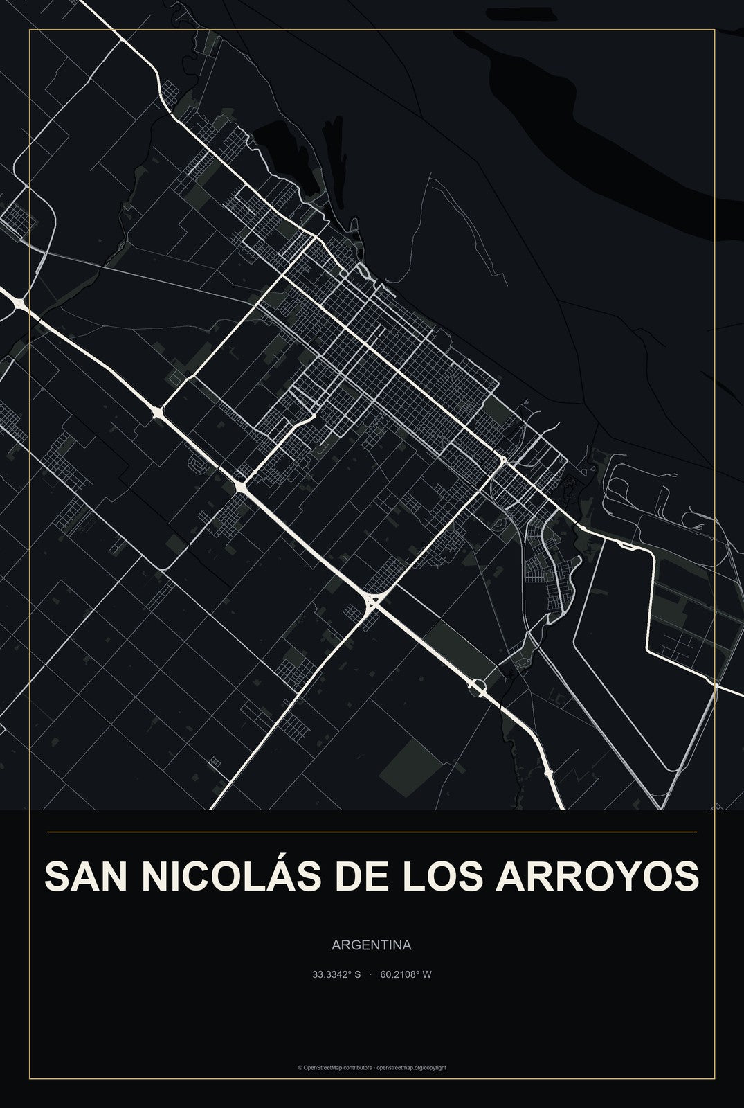 San Nicolás de los Arroyos, Argentina City Map Aluminum Sign in Metropolitan Noir style