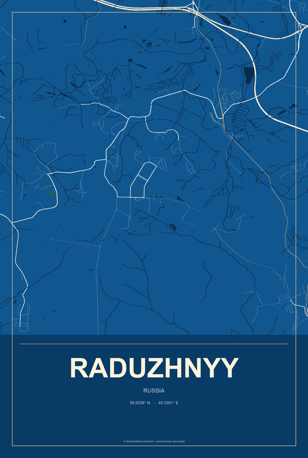 Raduzhnyy, Kirov Oblast, Russia City Map Aluminum Sign in Harbor Cobalt style