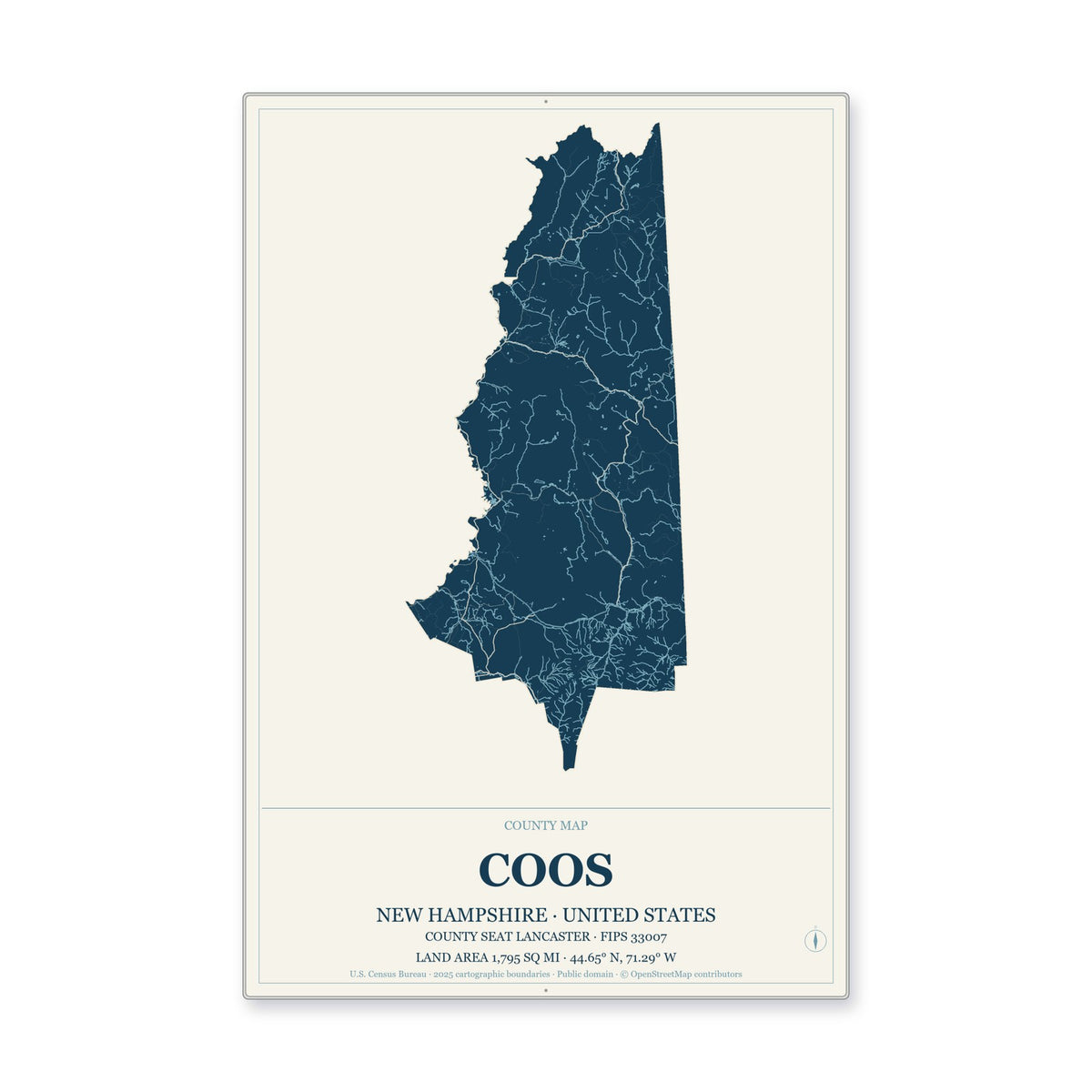 Coos County, New Hampshire Map Aluminum Sign in Coastal Cutout style