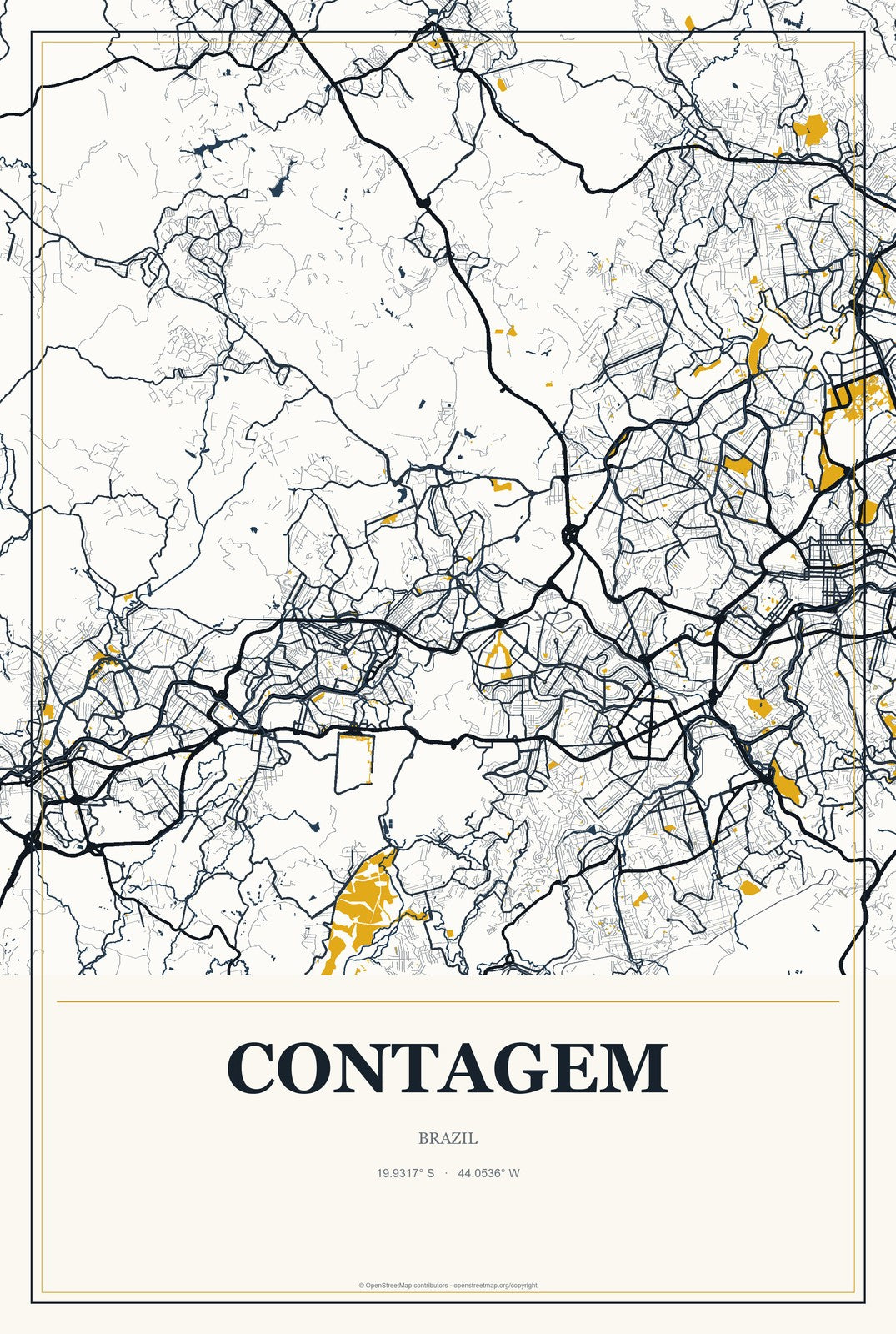 Contagem, Brazil City Map Aluminum Sign in Citrine Modern style