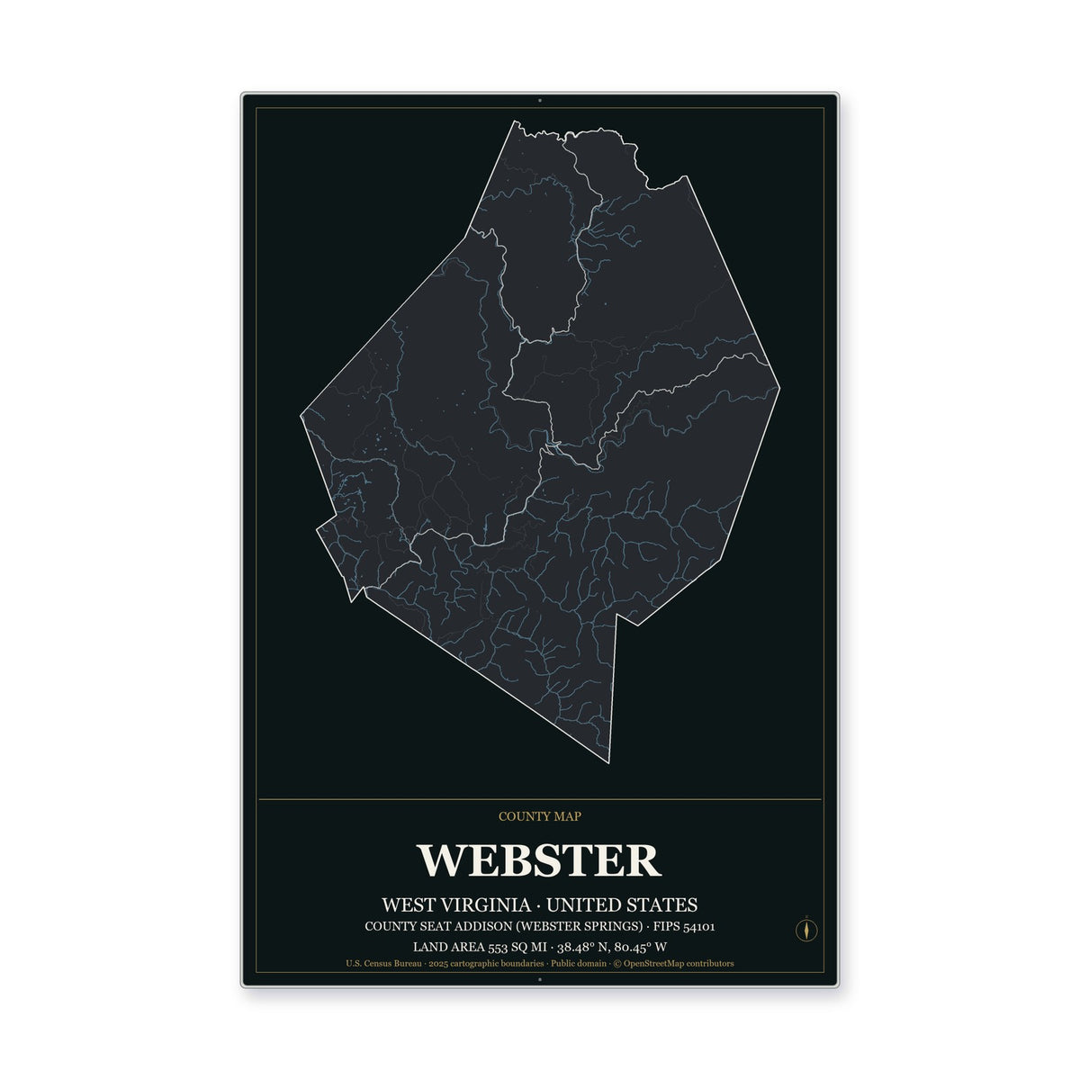 Webster County, West Virginia Map Aluminum Sign in Metropolitan Noir style