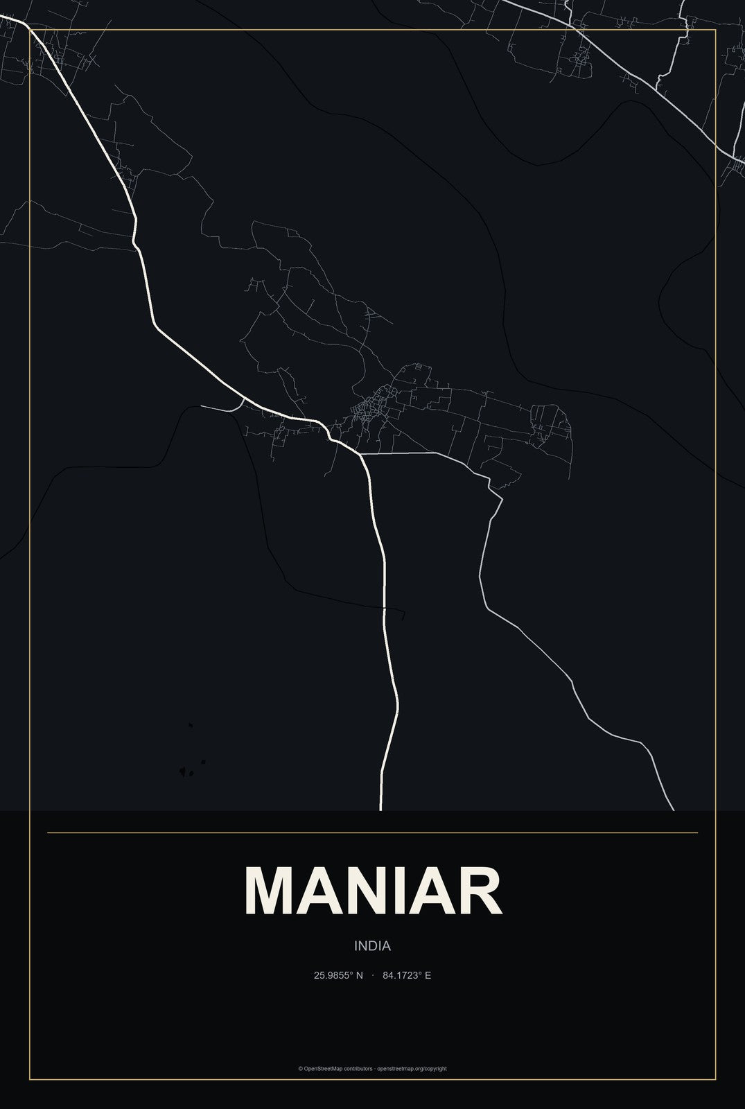 Maniar, India City Map Aluminum Sign in Metropolitan Noir style