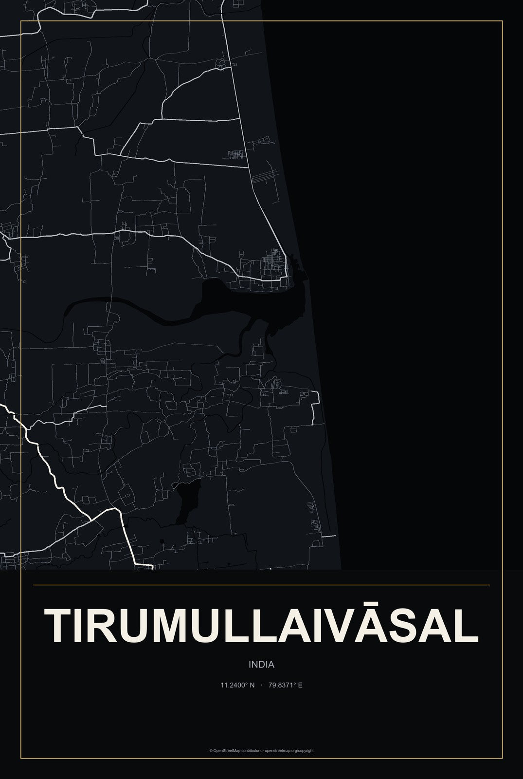 Tirumullaivāsal, India City Map Aluminum Sign in Metropolitan Noir style