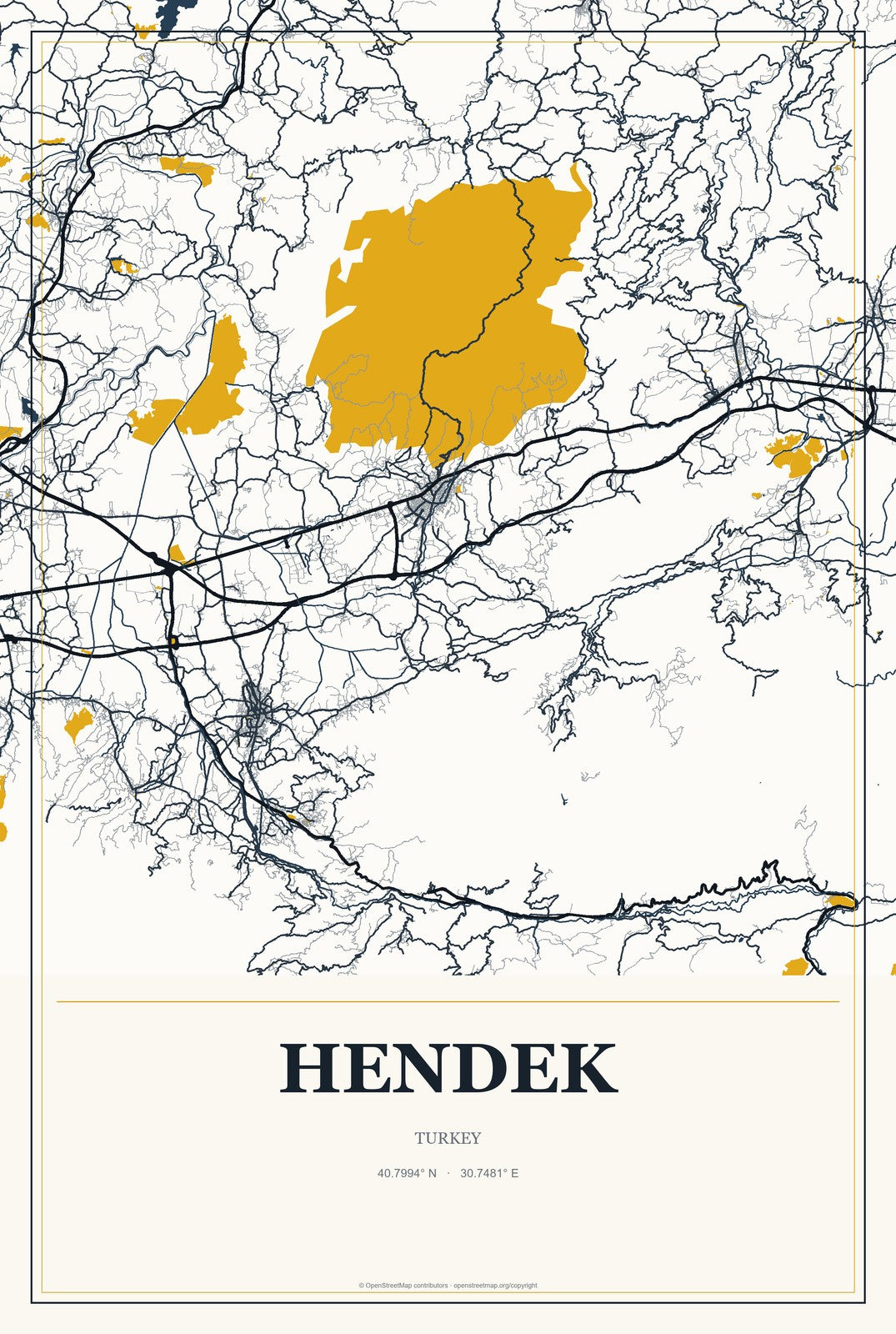 Hendek, Turkey City Map Aluminum Sign in Citrine Modern style