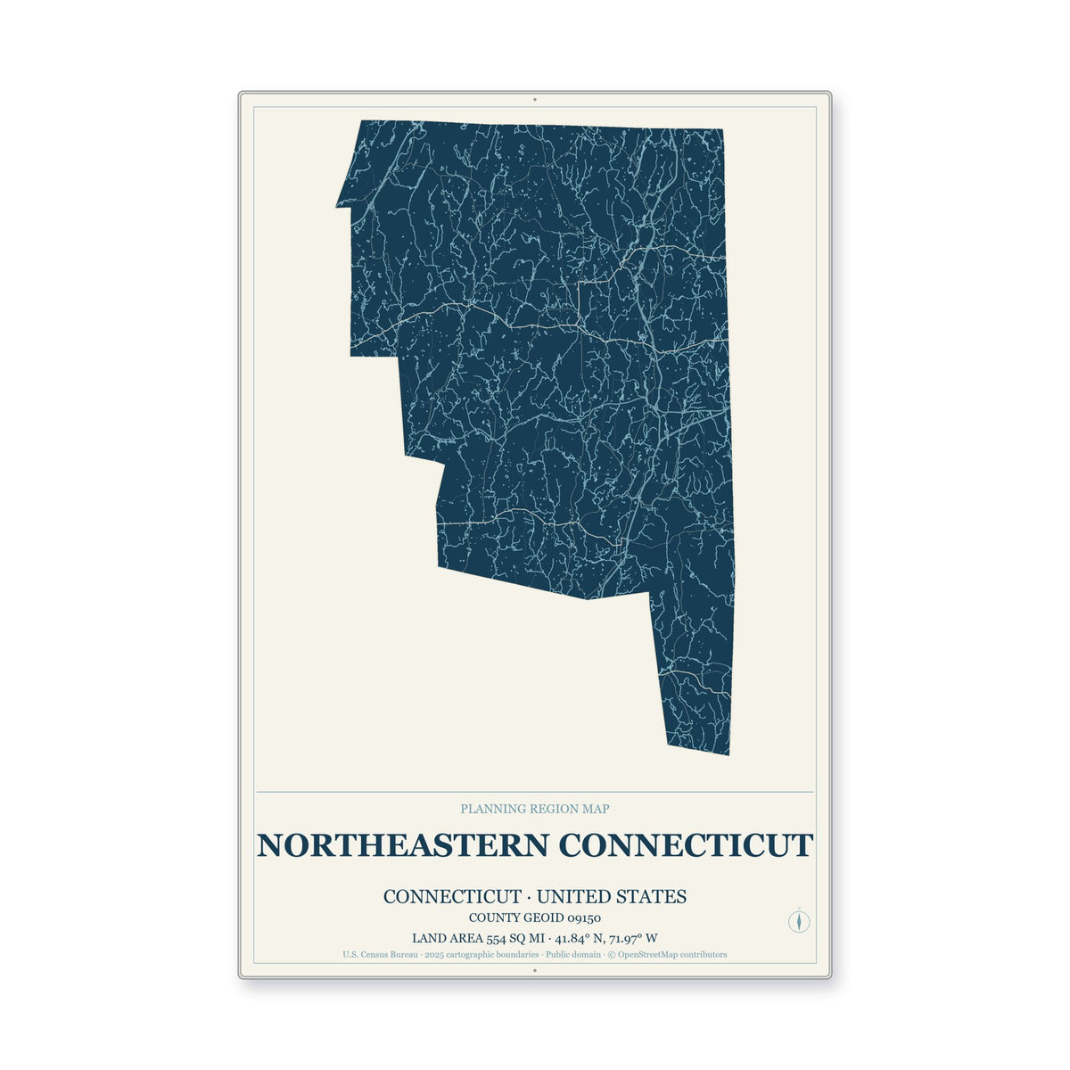 Northeastern Connecticut Planning Region, Connecticut Map Aluminum Sign in Coastal Cutout style