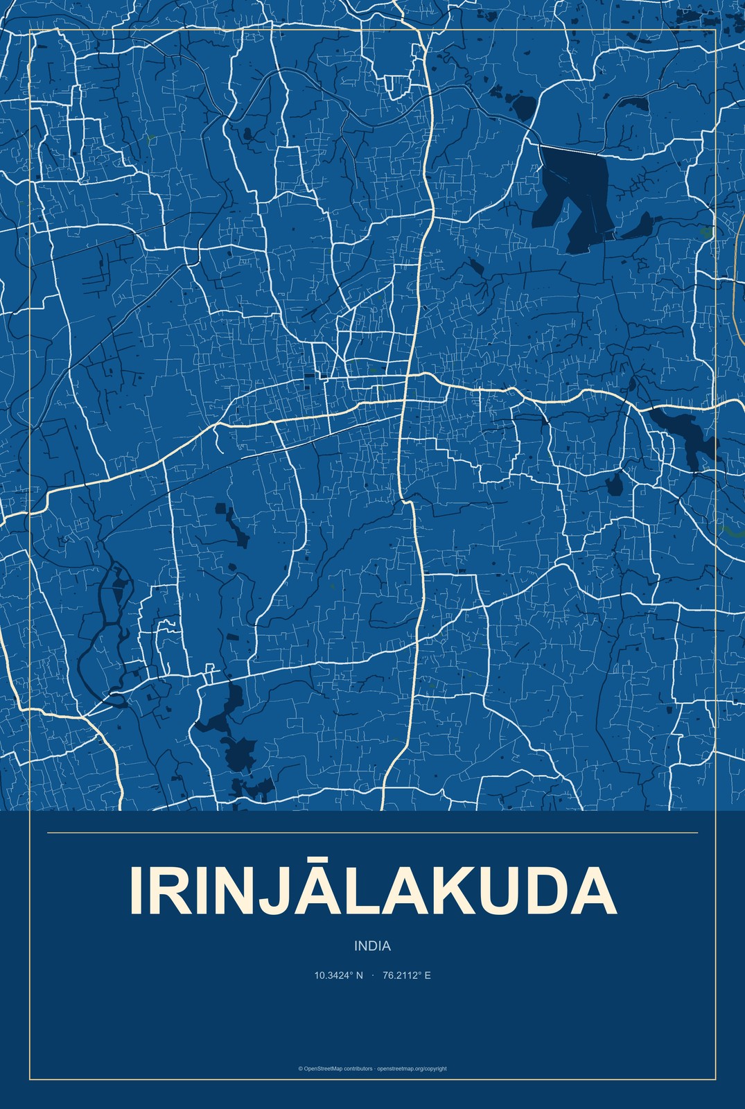 Irinjālakuda, India City Map Aluminum Sign in Harbor Cobalt style