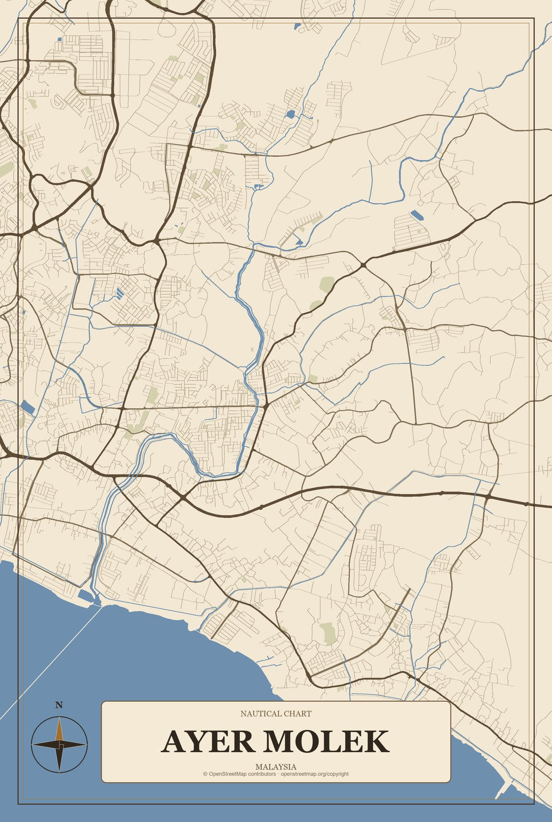 Ayer Molek, Malaysia City Map Aluminum Sign in Heritage Nautical style