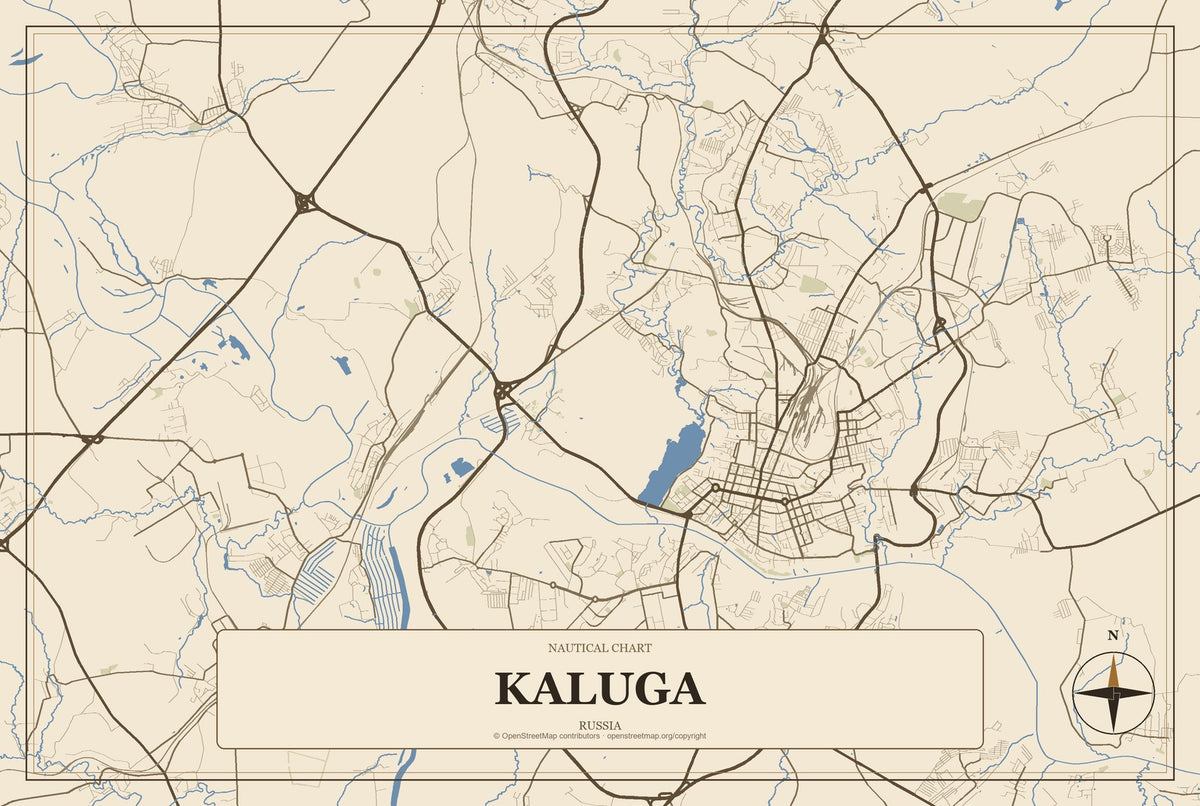 Kaluga, Russia City Map Aluminum Sign in Heritage Nautical style
