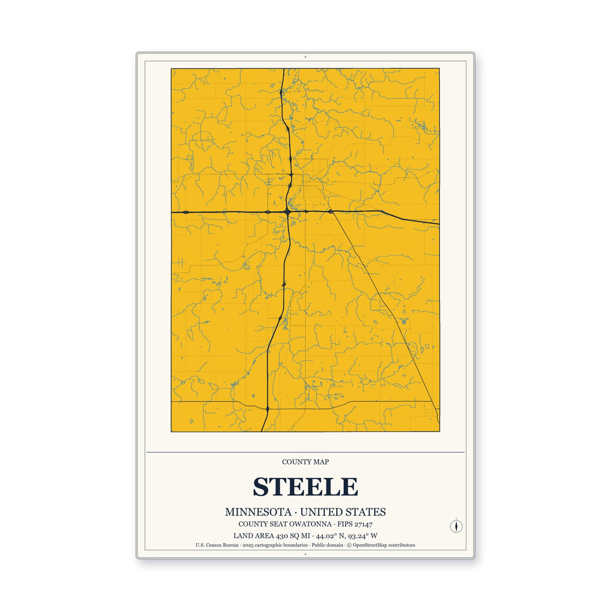 Steele County, Minnesota Map Aluminum Sign in Citrine Modern style