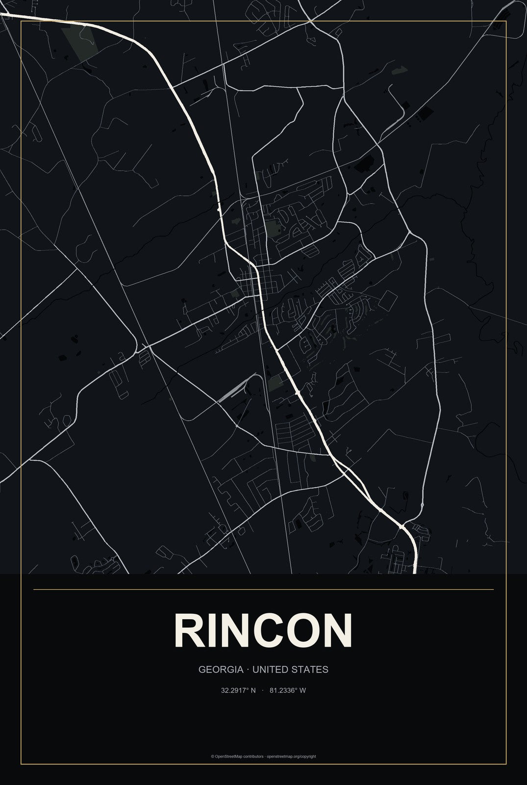 Rincon, Georgia City Map Aluminum Sign in Metropolitan Noir style