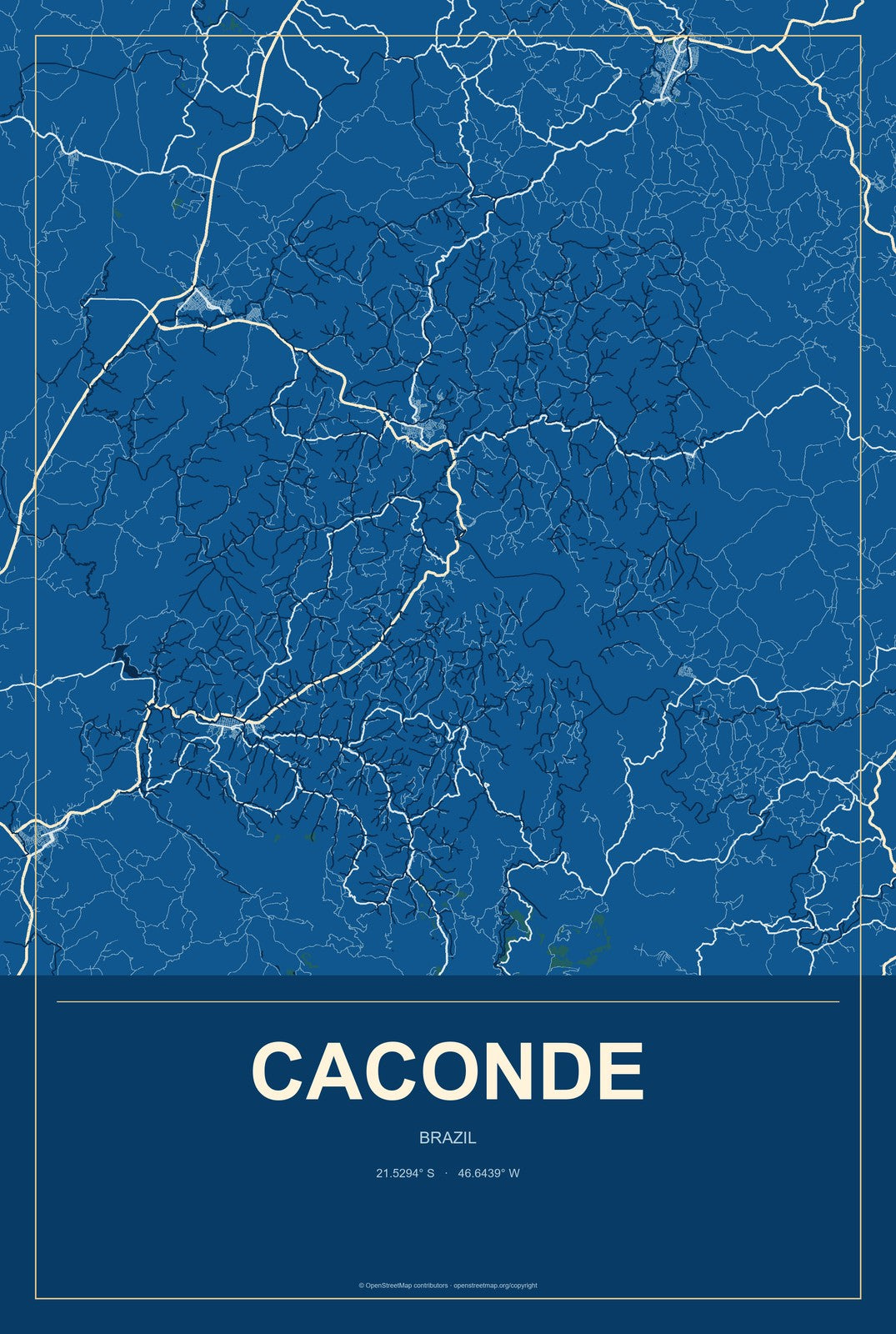 Caconde, Brazil City Map Aluminum Sign in Harbor Cobalt style
