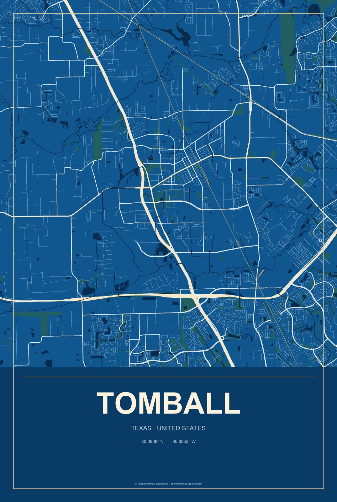 Tomball, Texas City Map Aluminum Sign in Harbor Cobalt style