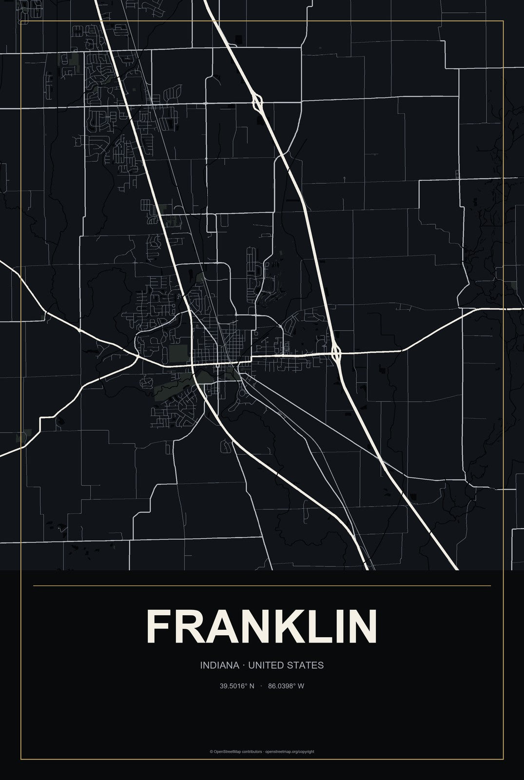 Franklin, Indiana City Map Aluminum Sign in Metropolitan Noir style