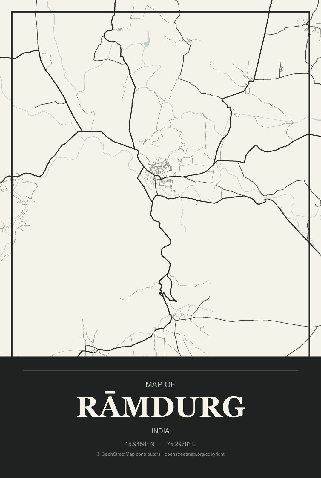 Rāmdurg, India City Map Aluminum Sign in Museum Plaque style