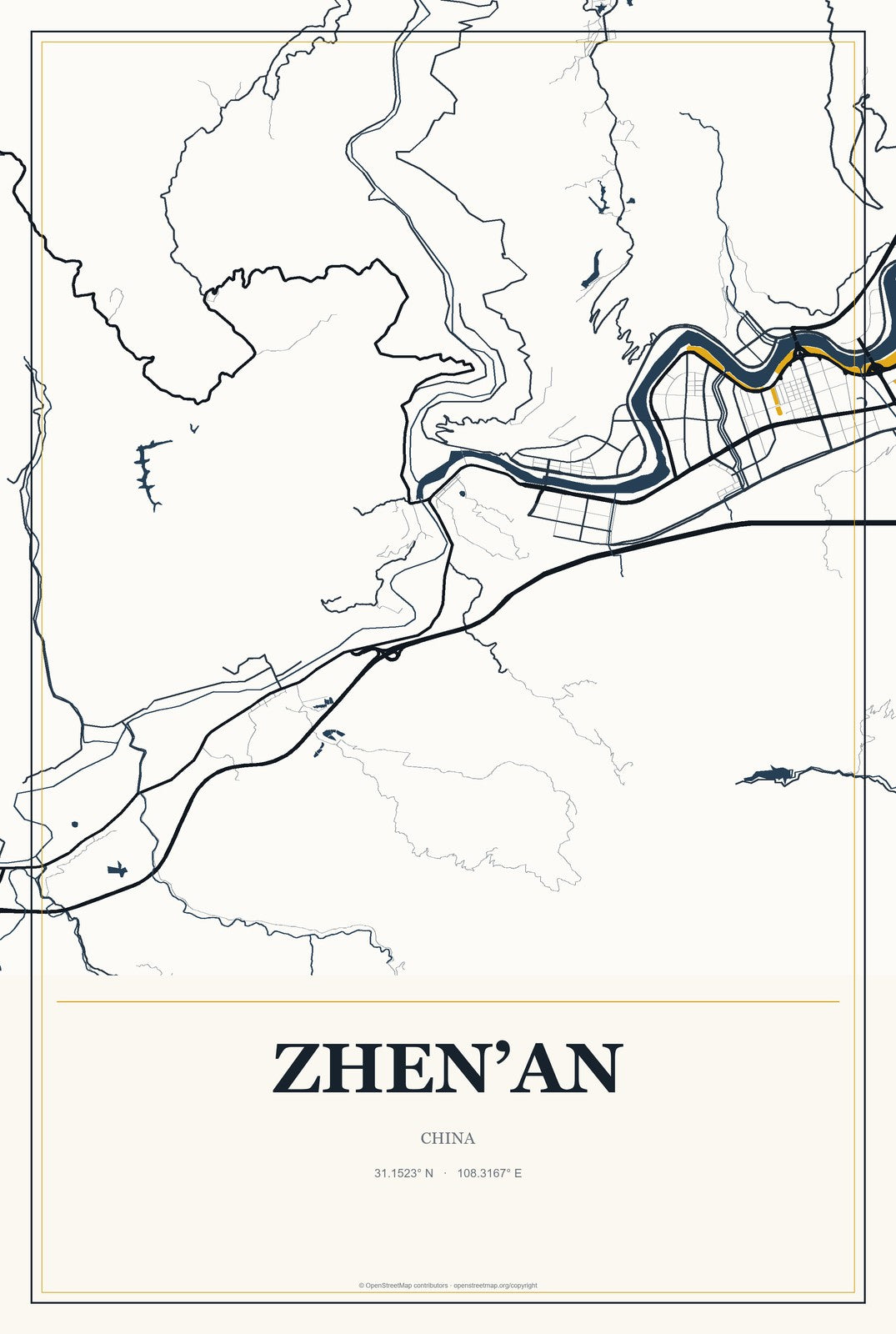 Zhen’an, China City Map Aluminum Sign in Citrine Modern style
