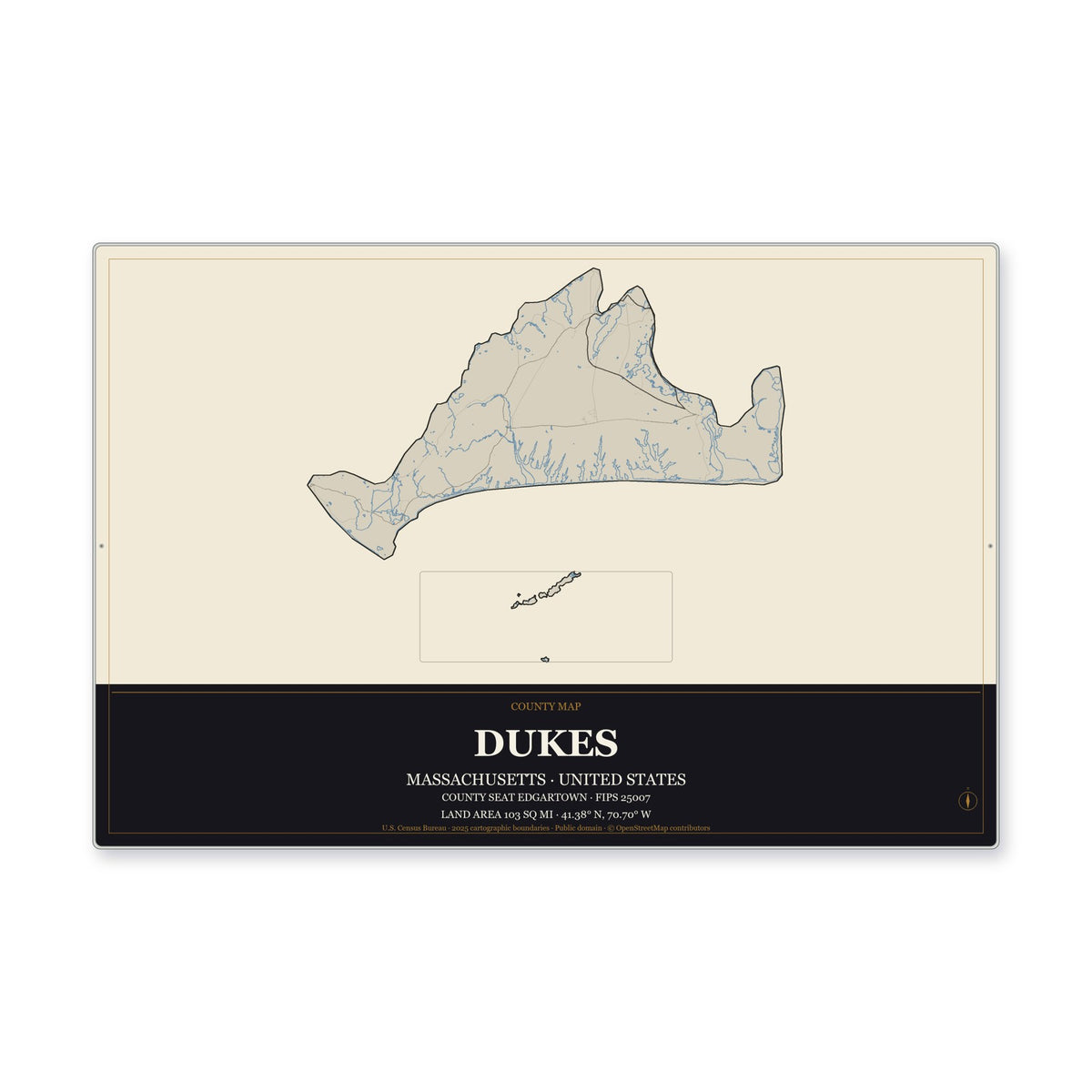 Dukes County, Massachusetts Map Aluminum Sign in Museum Plaque style