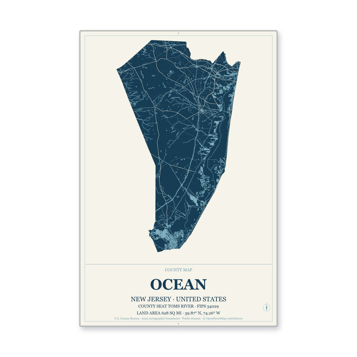 Ocean County, New Jersey Map Aluminum Sign in Coastal Cutout style