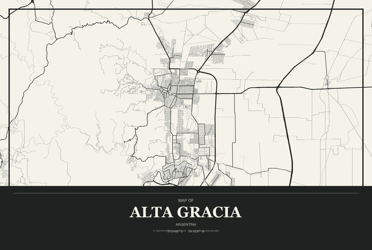 Alta Gracia, Argentina City Map Aluminum Sign in Museum Plaque style