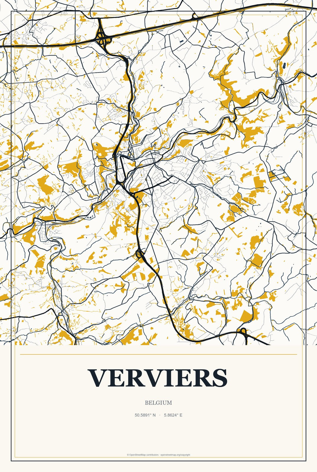 Verviers, Belgium City Map Aluminum Sign in Citrine Modern style