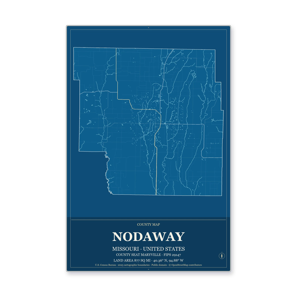 Nodaway County, Missouri Map Aluminum Sign in Harbor Cobalt style