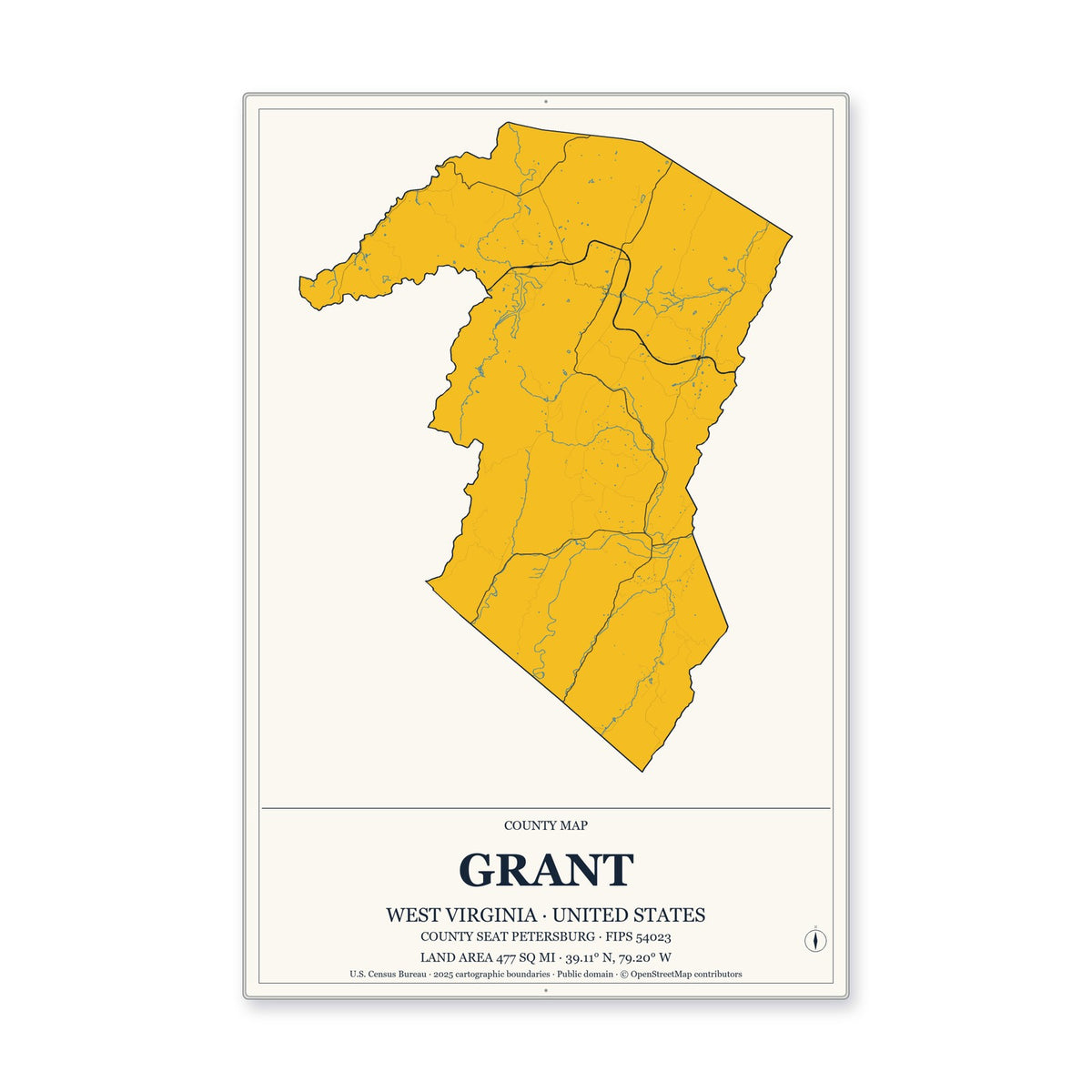 Grant County, West Virginia Map Aluminum Sign in Citrine Modern style