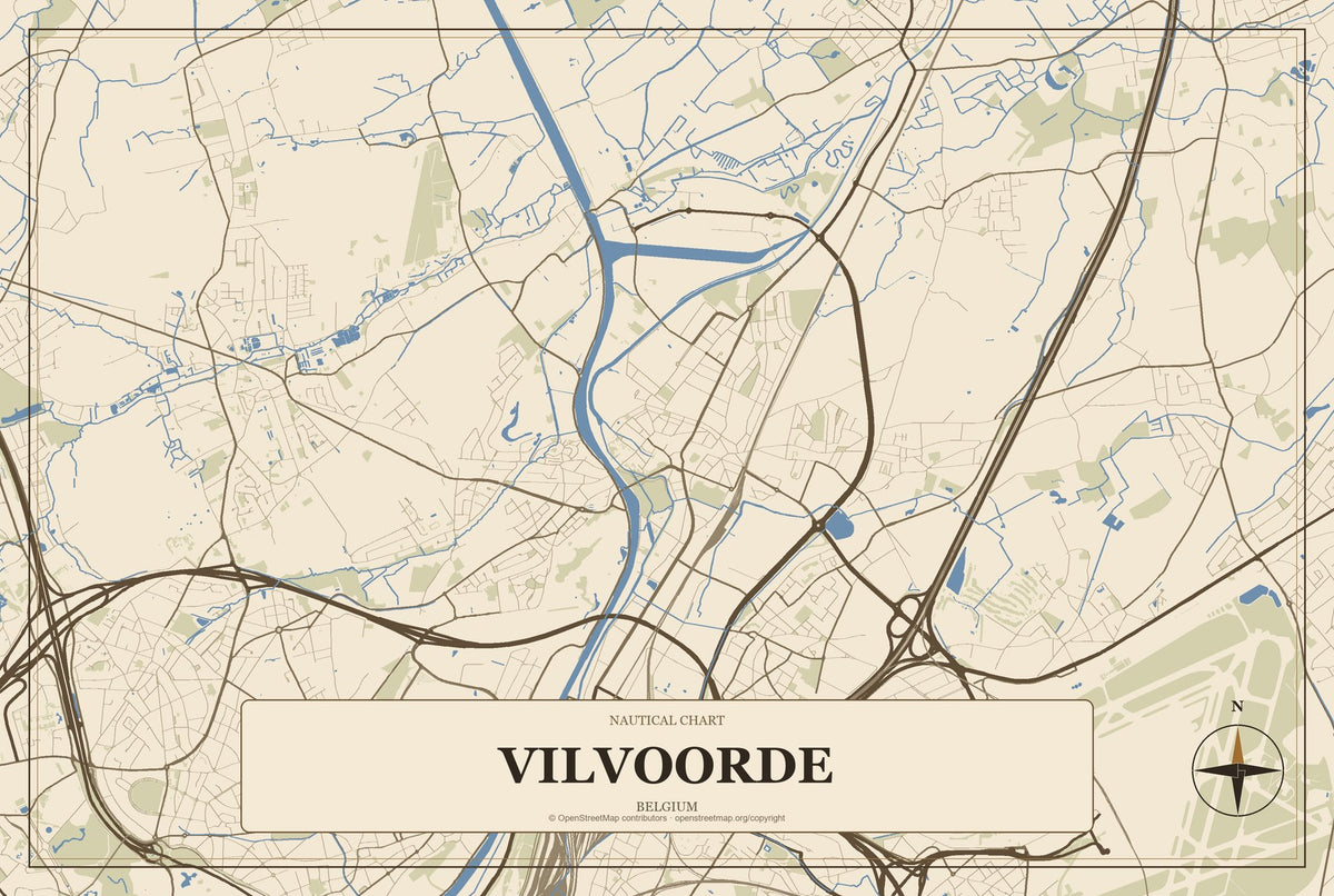 Vilvoorde, Belgium City Map Aluminum Sign in Heritage Nautical style