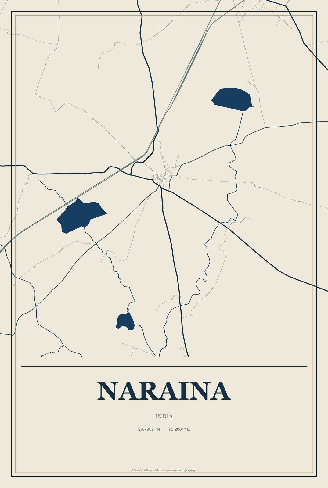 Naraina, India City Map Aluminum Sign in Coastal Cutout style
