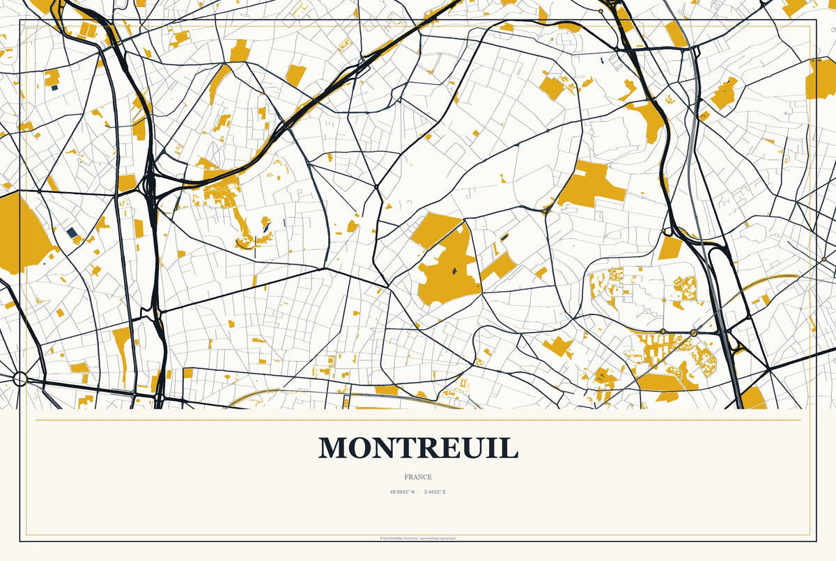 Montreuil, France City Map Aluminum Sign in Citrine Modern style