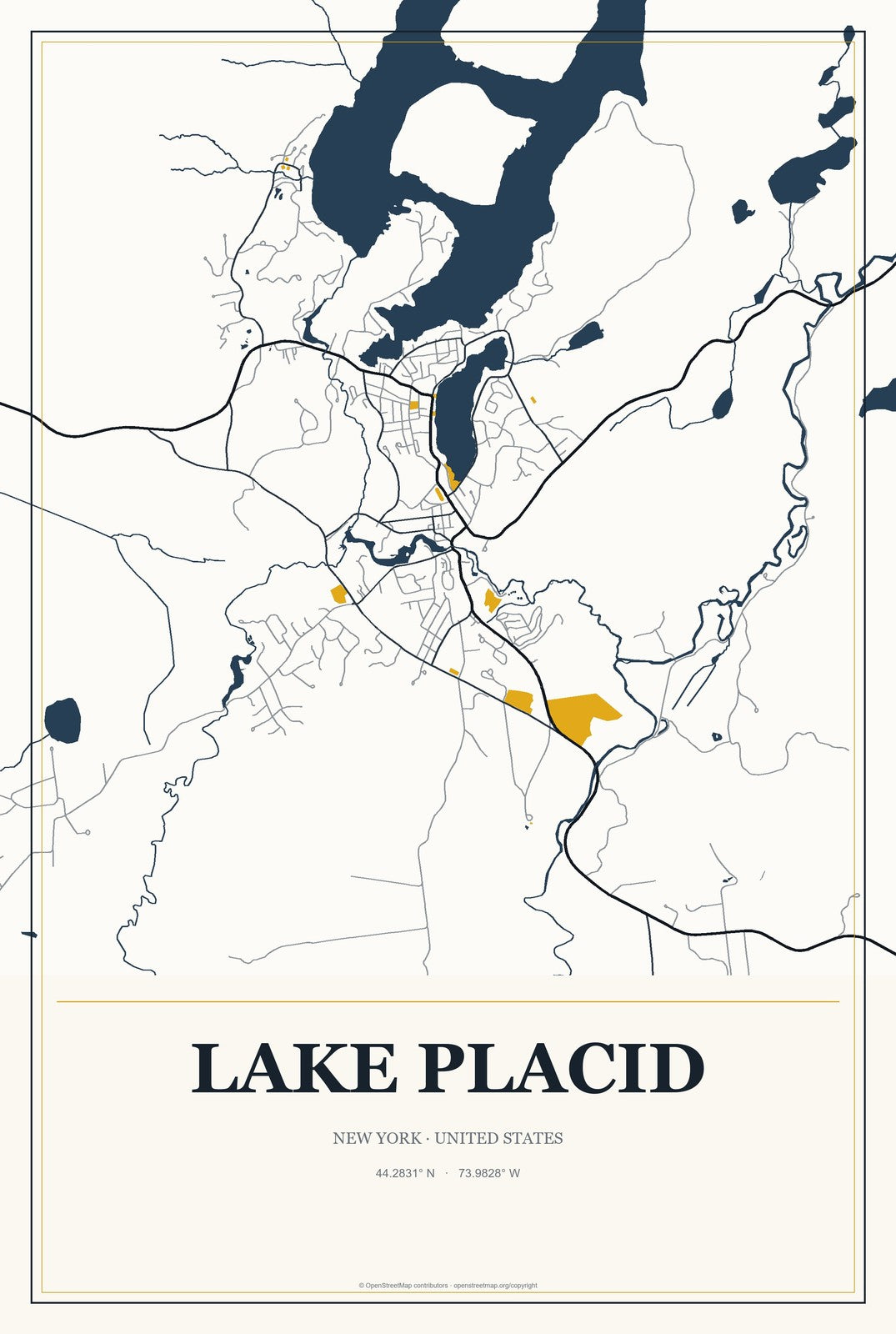 Lake Placid, New York City Map Aluminum Sign in Citrine Modern style