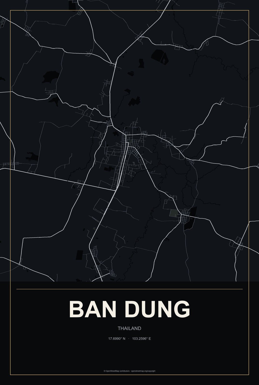 Ban Dung, Thailand City Map Aluminum Sign in Metropolitan Noir style