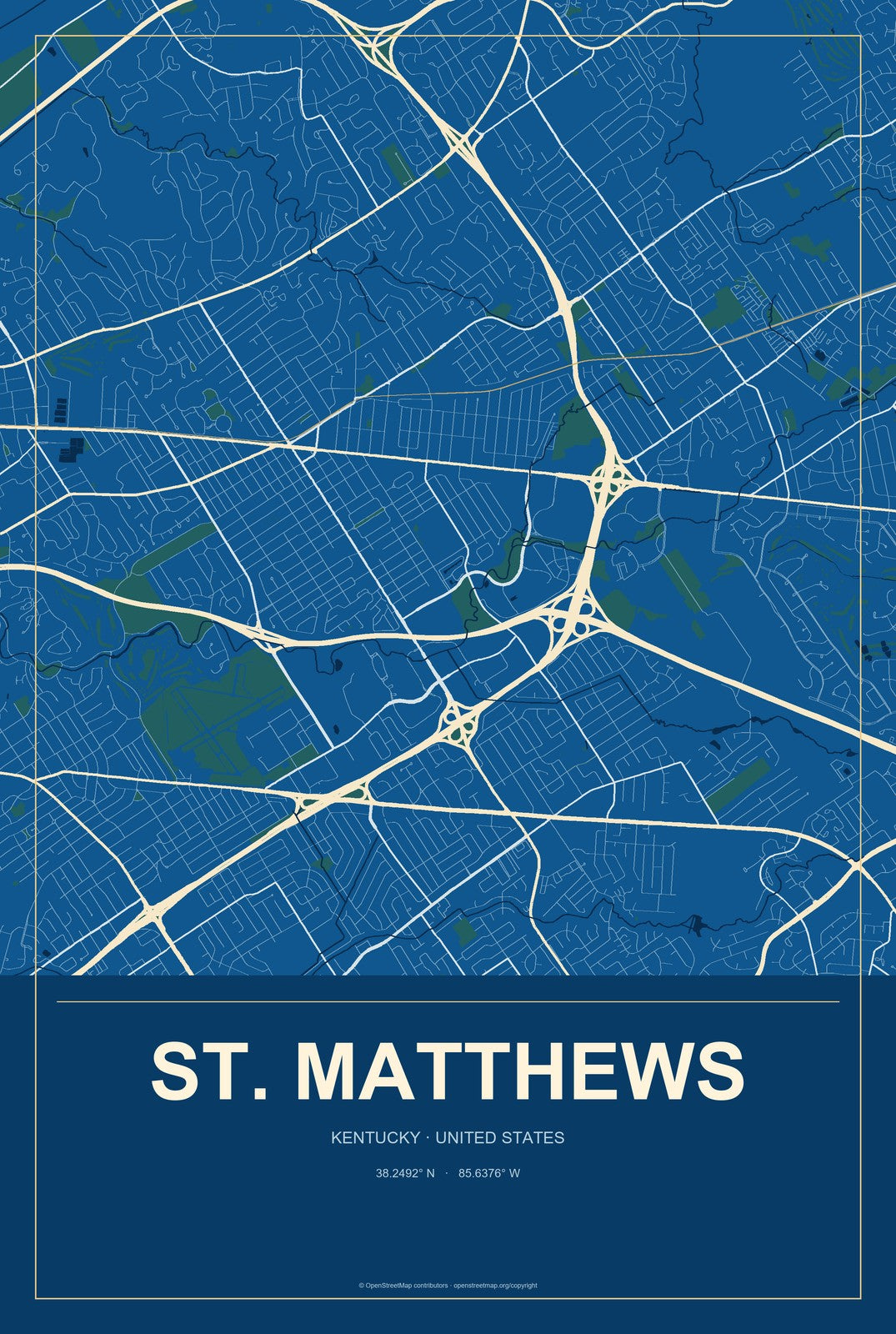 St. Matthews, Kentucky City Map Aluminum Sign in Harbor Cobalt style