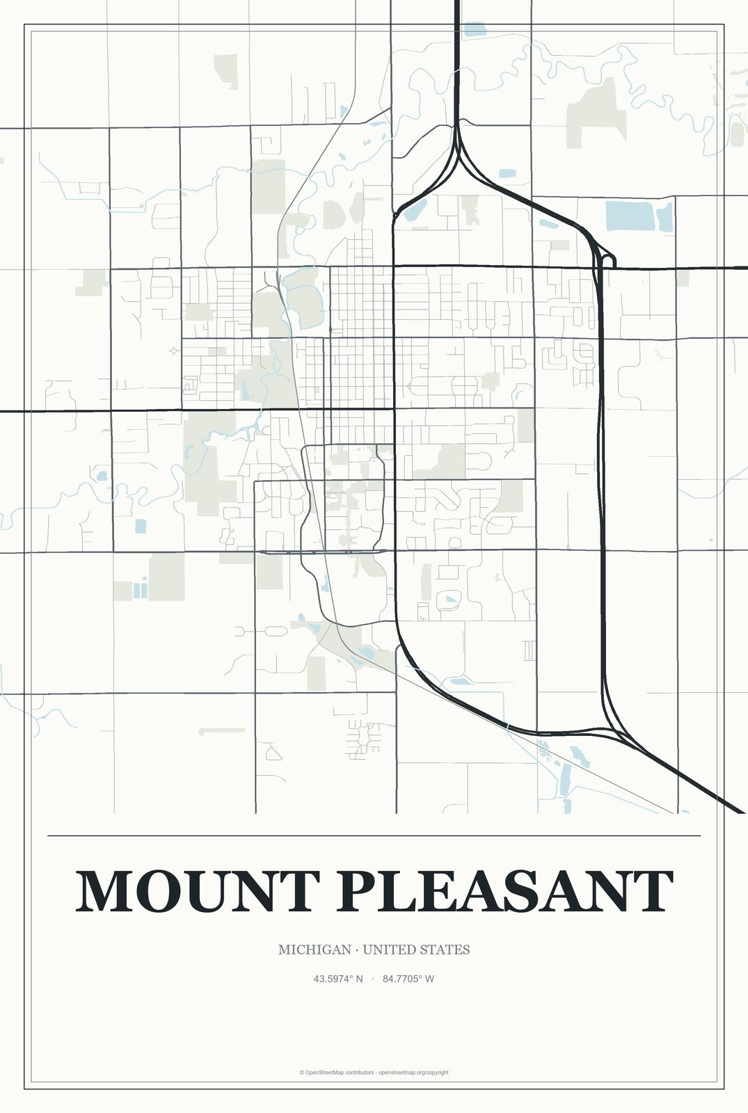 Mount Pleasant, Michigan City Map Aluminum Sign in Gallery Air style