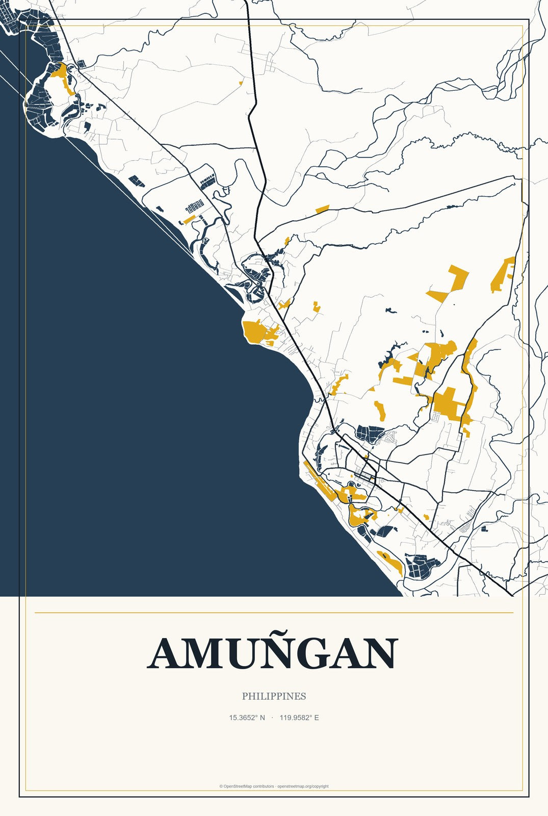 Amuñgan, Philippines City Map Aluminum Sign in Citrine Modern style
