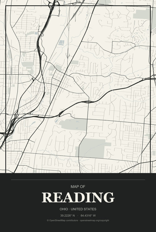Reading, Ohio City Map Aluminum Sign in Museum Plaque style