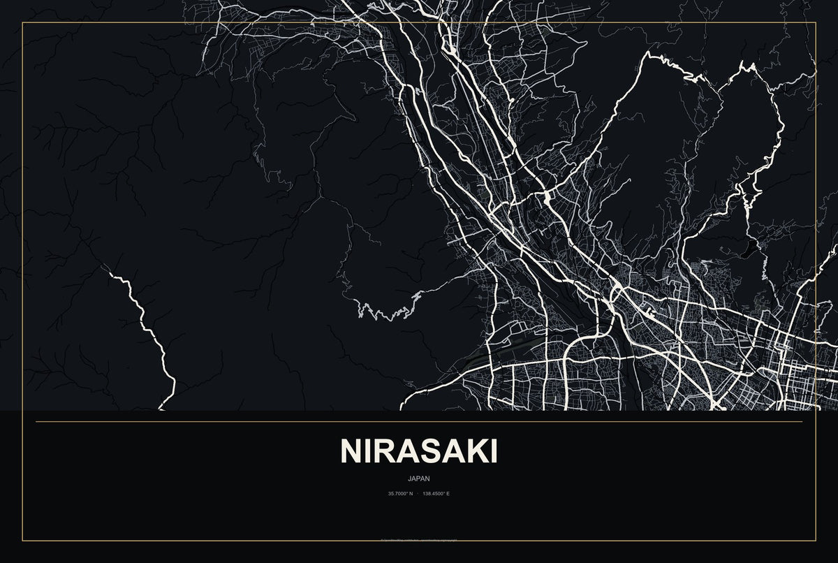 Nirasaki, Japan City Map Aluminum Sign in Metropolitan Noir style