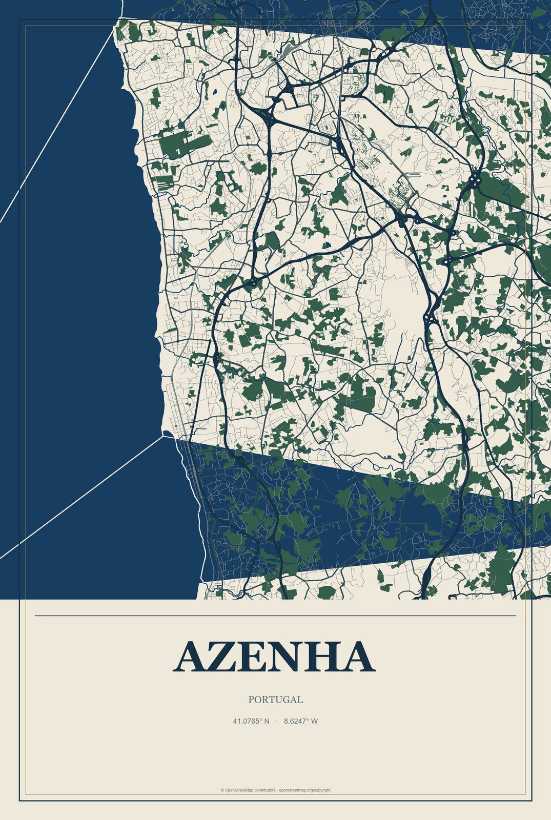 Azenha, Portugal City Map Aluminum Sign in Coastal Cutout style