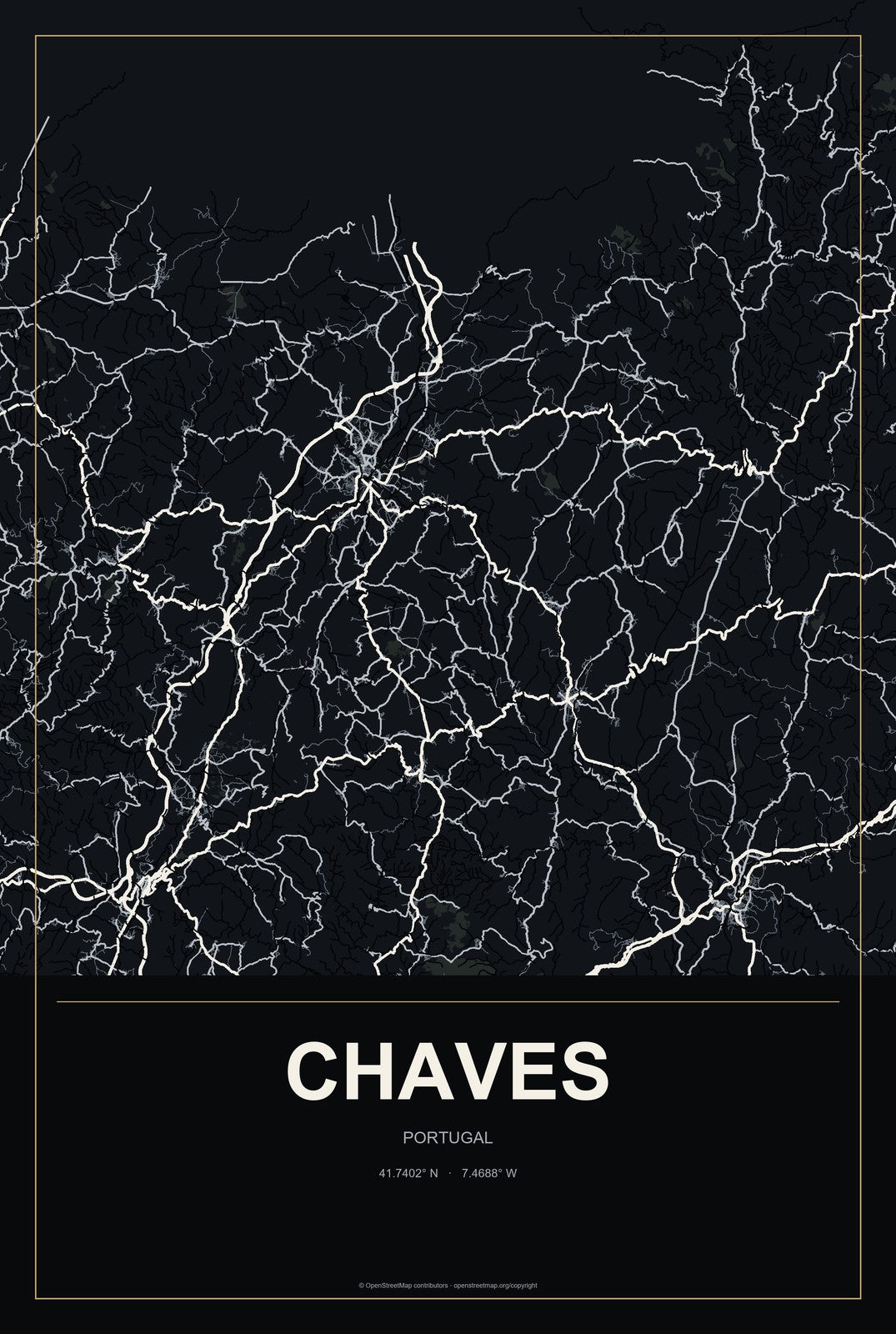 Chaves, Portugal City Map Aluminum Sign in Metropolitan Noir style
