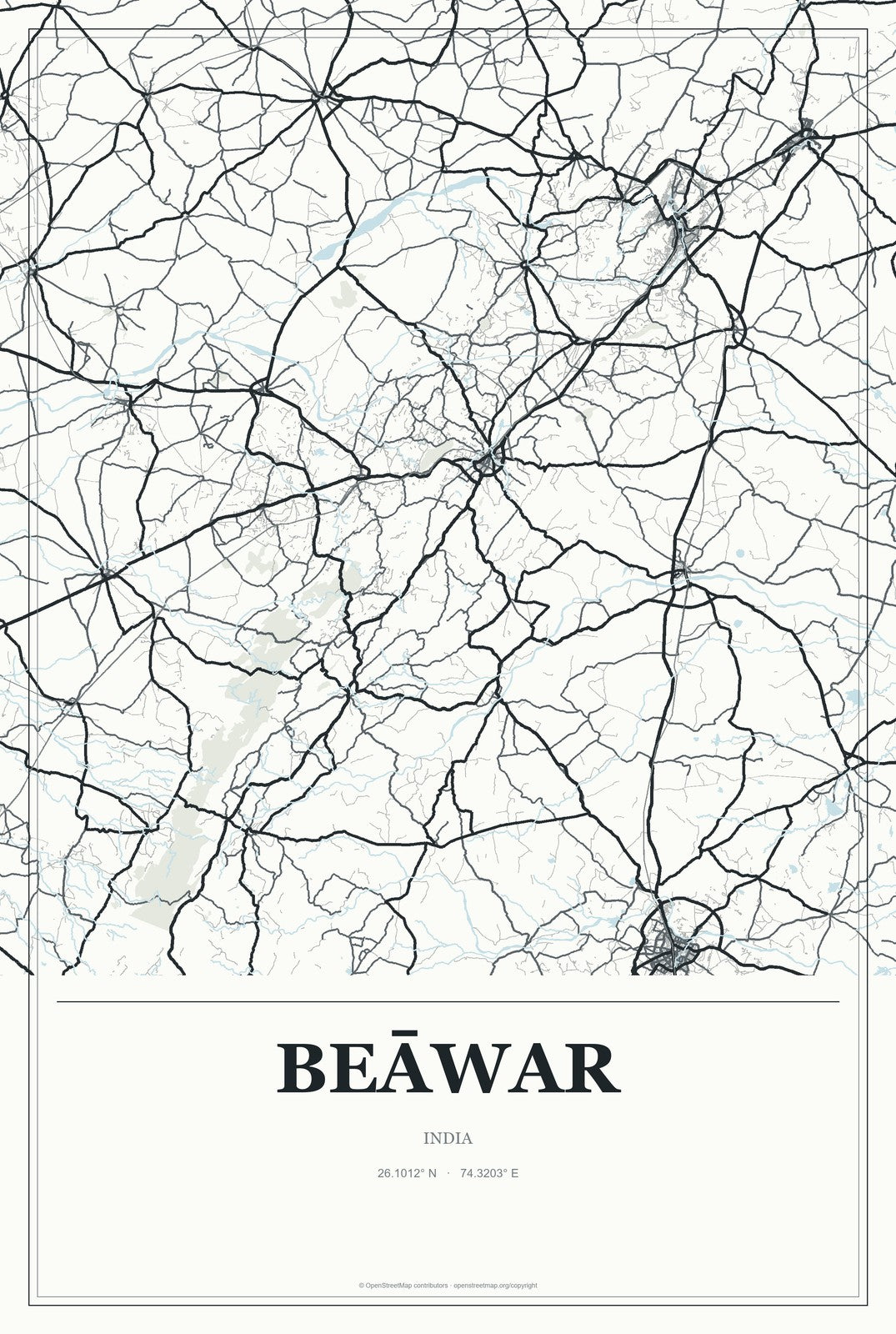 Beāwar, India City Map Aluminum Sign in Gallery Air style