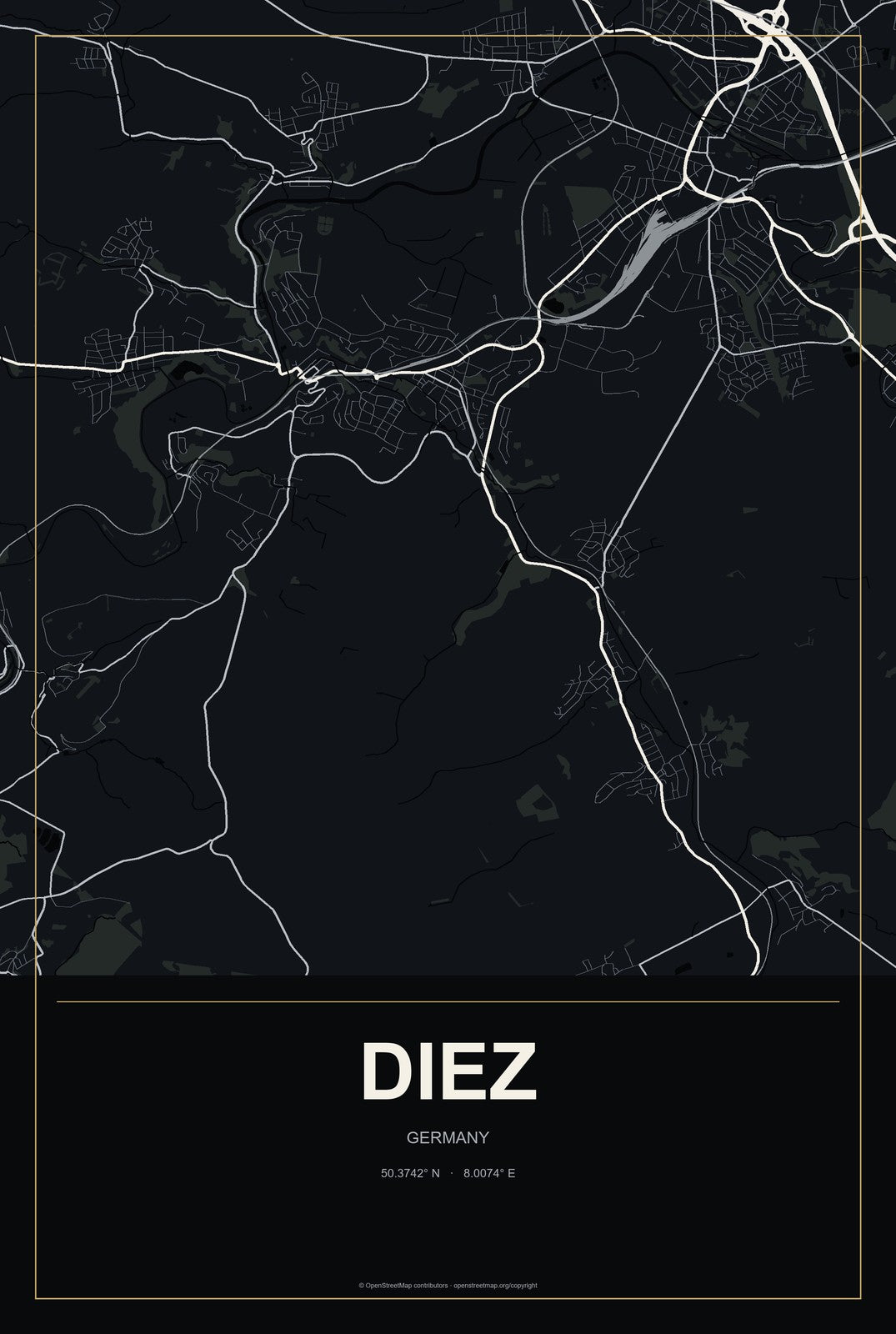 Diez, Germany City Map Aluminum Sign in Metropolitan Noir style